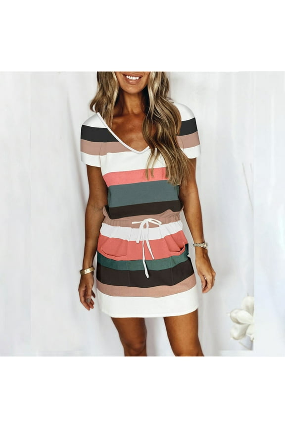 Spring Women Dresses Women Casual V-Neck Short Sleeve Bandage Stripe Printing Loose Dress