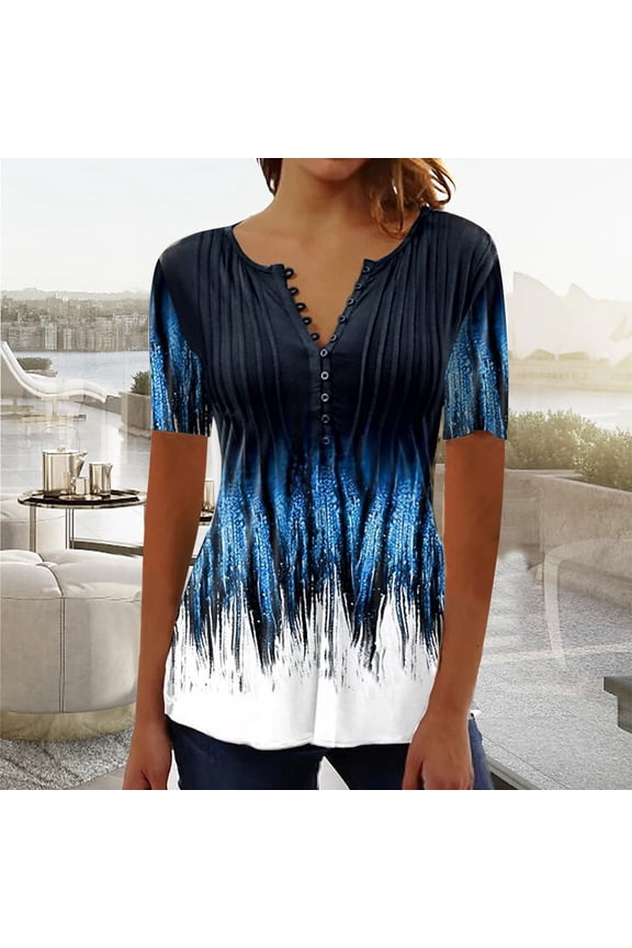 Spring Women Shirt Women's Summer Color Blocking Tunic Shirt Regular Short Sleeves Button Tops V Neck Blouse