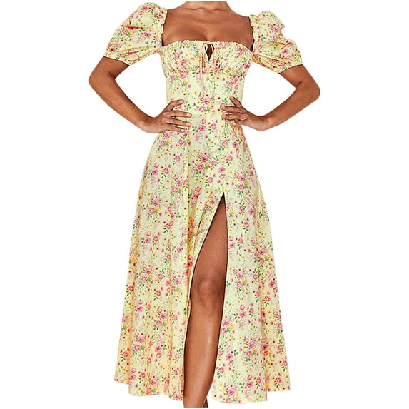 AOOCHASLIY Summer Womens Dresses Fashion Women Chiffon Casual Floral Printing Short Sleeve Split Long Dress
