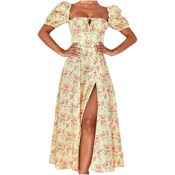 AOOCHASLIY Summer Womens Dresses Fashion Women Chiffon Casual Floral Printing Short Sleeve Split Long Dress