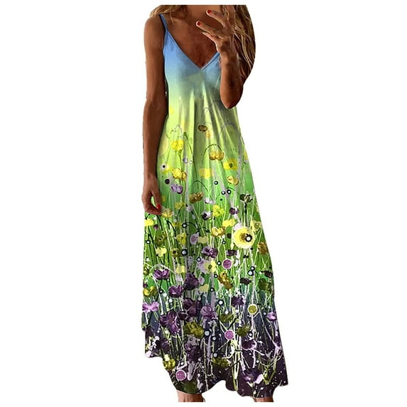 AOOCHASLIY Summer Clearance Womens Dresses Fashion Women Summer V-Neck Casual Printing Loose Sleeveless Loose Long Dress