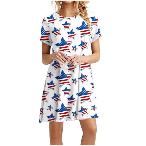 AOOCHASLIY Summer Clothes Womens Dresses Independence Day Casual Short Sleeve O-Neck Printing Ladies Loose Mini Dress for Home Casual Work Play