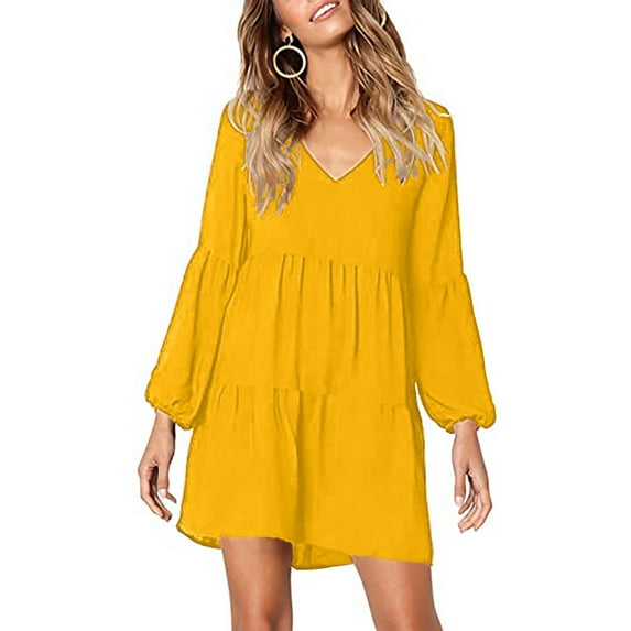 AOOCHASLIY Summer Womens Dresses Women Fashion Solid Color V-Neck Long Sleeve Casual Swing Loose Dress