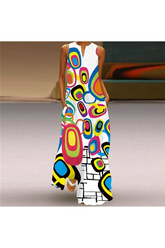 Summer Womens Dresses Women Plus Size Daily Sleeveless Vintage Patchwork Bohemian V Neck Maxi Dress