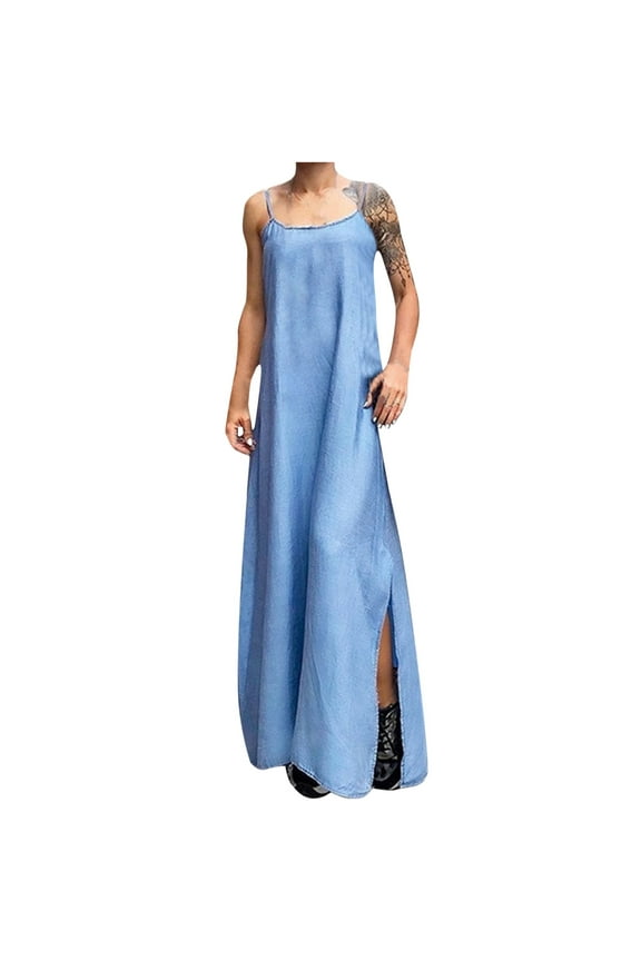 Summer Womens Dresses Women's Fashion Suspenders Loose Denim Tube Top Dress Split Long Skirt