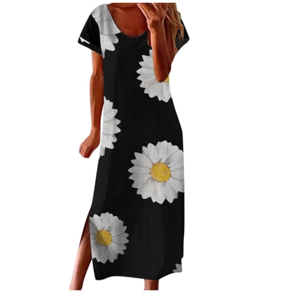 AOOCHASLIY Summer Womens Dresses Women's Round Neck Short Sleeve Print Daily Casual Vintage Bohemian Maxi Dress
