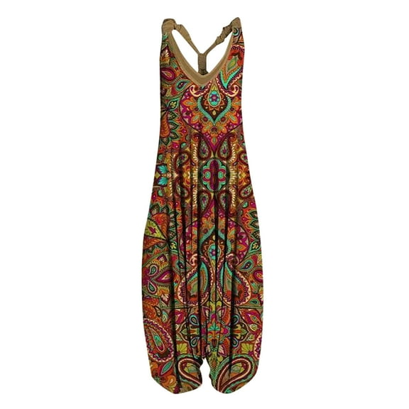 AOOCHASLIY Summer Clothes Womens Dresses Women Casual Vintage Print Backless V-Neck Sleeveless Playsuit Jumpsuit