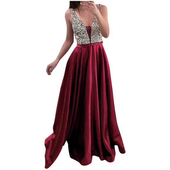 AOOCHASLIY Summer Dresses for Women Womens Fashion V-Neck Evening Party Gown Sequins Formal Prom Long Dress
