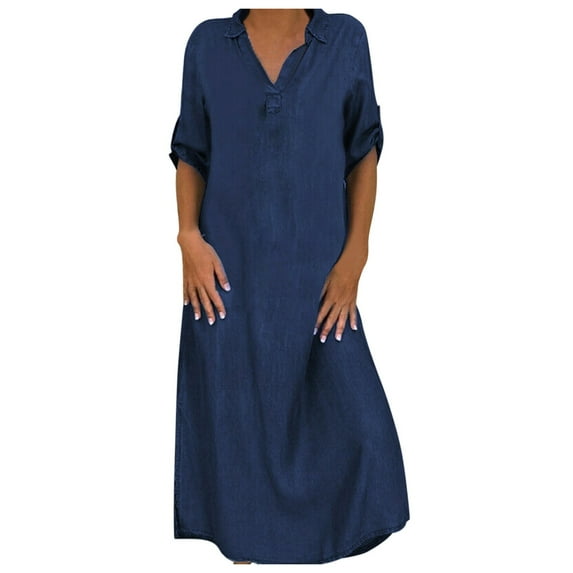 AOOCHASLIY Summer Dresses for Women Clothes Women Casual Solid Denim Dress V-Neck Roll Sleeve Button Loose Long Dress