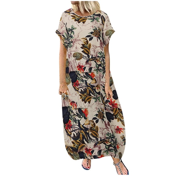 AOOCHASLIY Summer Dresses for Women Women Plus Size O-Neck Floral Print Vintage Short Sleeve Loose Long Dress
