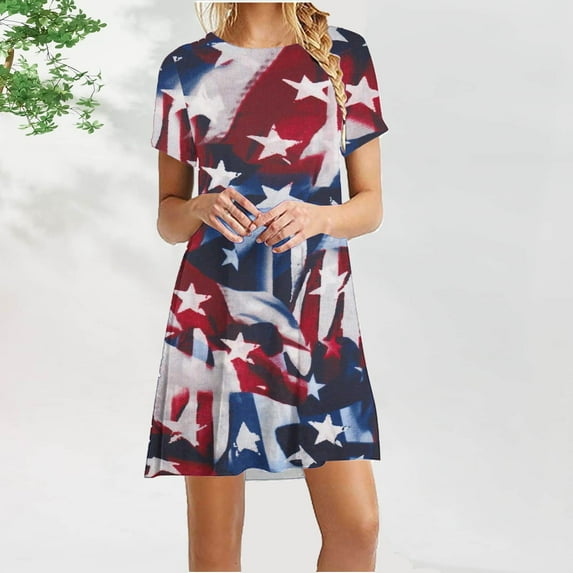 AOOCHASLIY Summer Womens Dresses Independence Day Casual Short Sleeve O-Neck Printing Ladies Loose Mini Dress