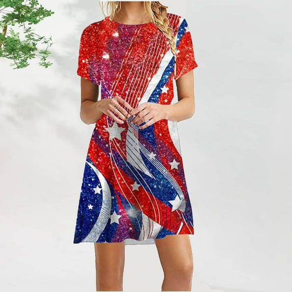 AOOCHASLIY Summer Womens Dresses Independence Day Casual Short Sleeve O-Neck Printing Ladies Loose Mini Dress