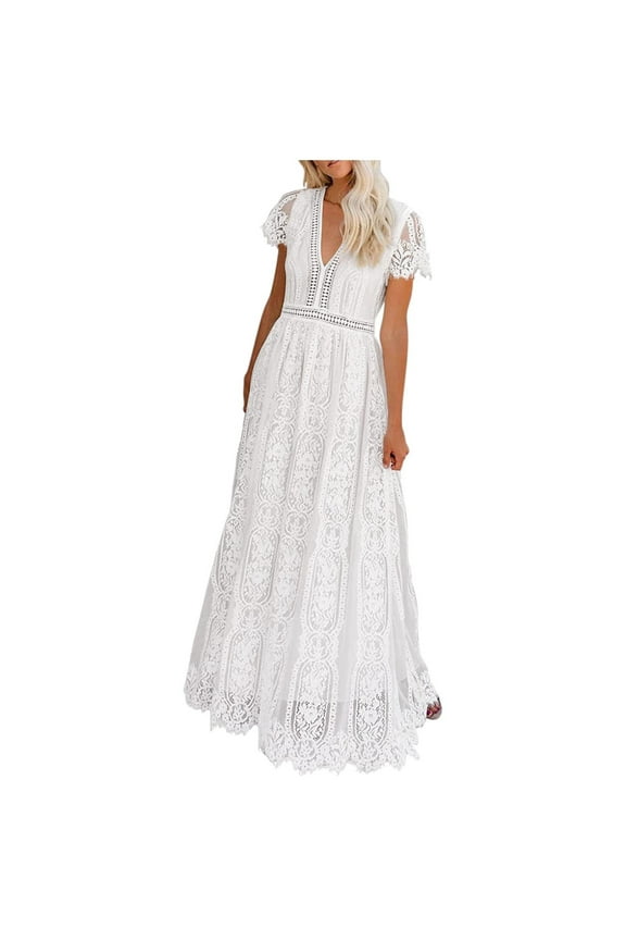 Sun Dresses for Women Beach V Neck Short Sleeve Floral Lace Wedding Dress Bridesmaid Cocktail Party Maxi Dress