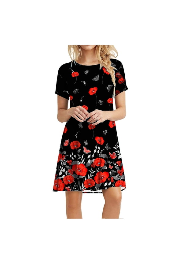 Sun Dresses for Women Clothes Beach Casual Plain Loose Short Sleeve Loose Dress Floral Print Sunflower Print Dress