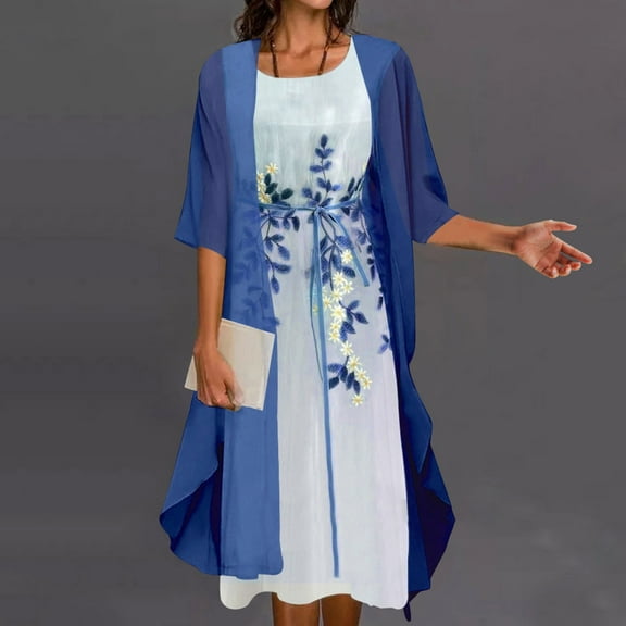 AOOCHASLIY Sun Dresses for Women Clothess Women Casual Floral Print Round Neck Sleeveles Dress Solid Chiffon Two-Piece Set