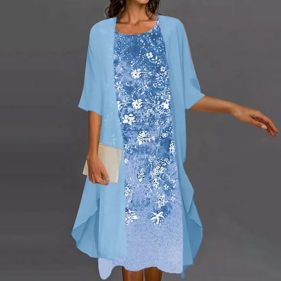 AOOCHASLIY Sun Dresses for Women Valentine's Day Women's Topss Women Casual Floral Print Round Neck Sleeveles Dress Solid Chiffon Two-Piece Set