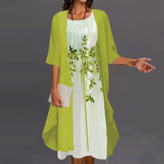 AOOCHASLIY Sun Dresses for Women Clothess Women Casual Floral Print Round Neck Sleeveles Dress Solid Chiffon Two-Piece Set