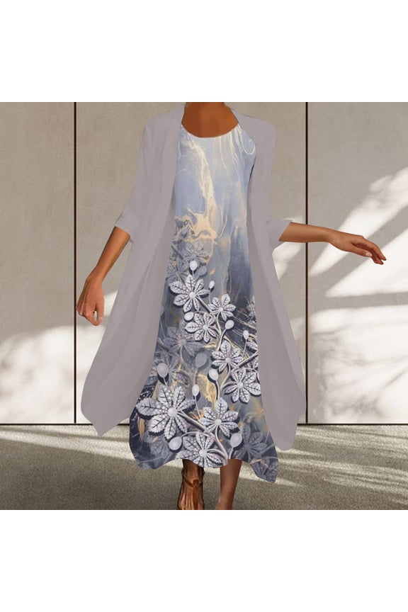 Sun Dresses for Women Clothess Women Casual Floral Print Round Neck Sleeveles Dress Solid Chiffon Two-Piece Set