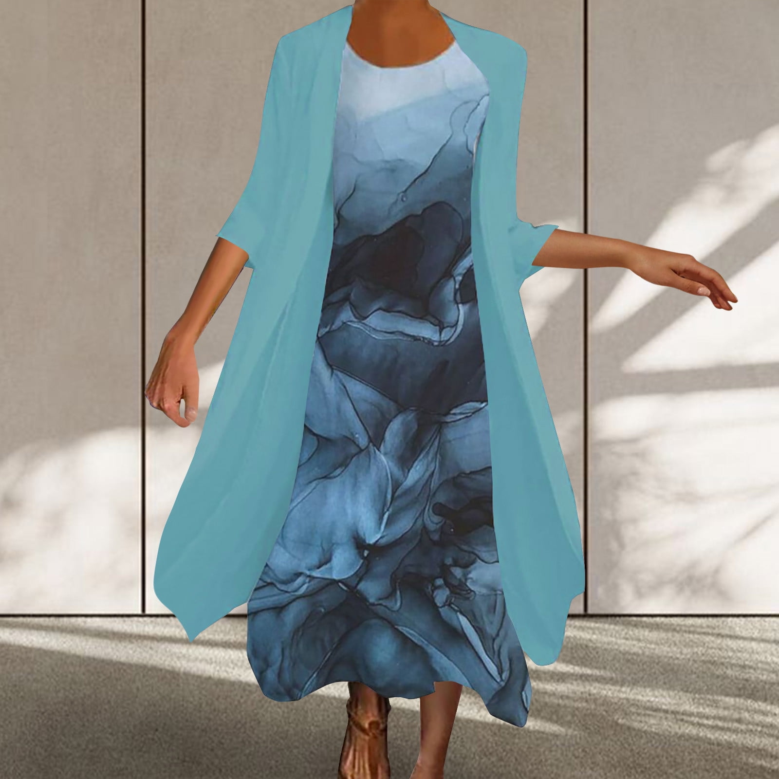 AOOCHASLIY Sun Dresses for Women Clothess Women Casual Floral Print Round Neck Sleeveles Dress Solid Chiffon Two-Piece Set