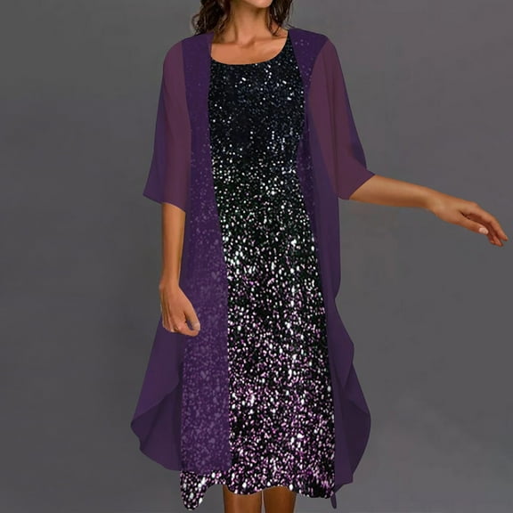 AOOCHASLIY Sun Dresses for Women Valentine's Day Women's Topss Women Casual Floral Print Round Neck Sleeveles Dress Solid Chiffon Two-Piece Set