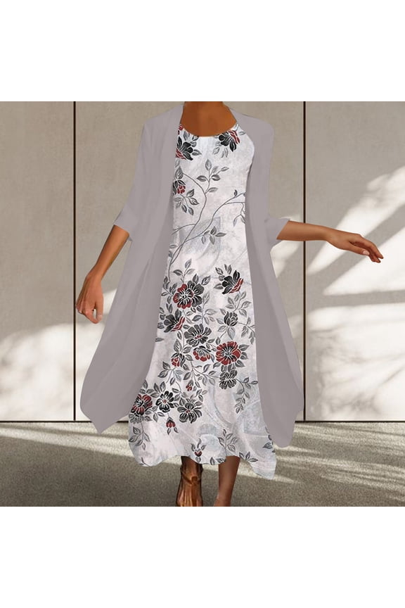 Sun Dresses for Women Clothess Women Casual Floral Print Round Neck Sleeveles Dress Solid Chiffon Two-Piece Set