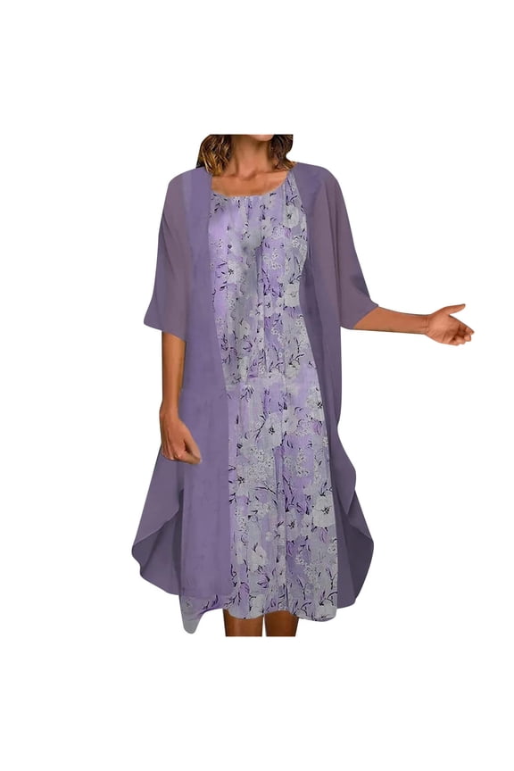 Sun Dresses for Women Trendy Women Casual Floral Printing O-Neck Sleeveless Dress Solid Coat Two-Piece Set