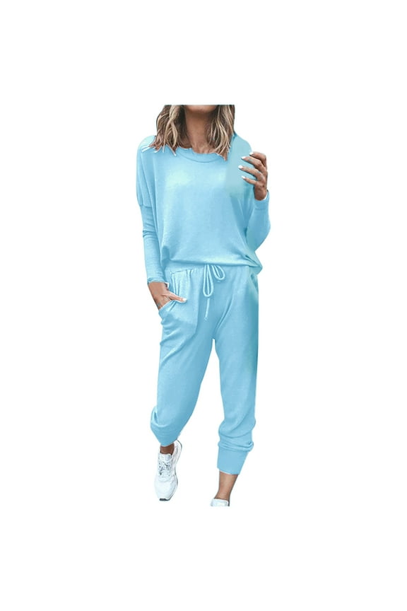 QENGING Womens Pants Plus Size Two-piece Sets Solid Long Sleeve Tops Leggings Casual Sweatsuit Sky Blue XL on Clothes