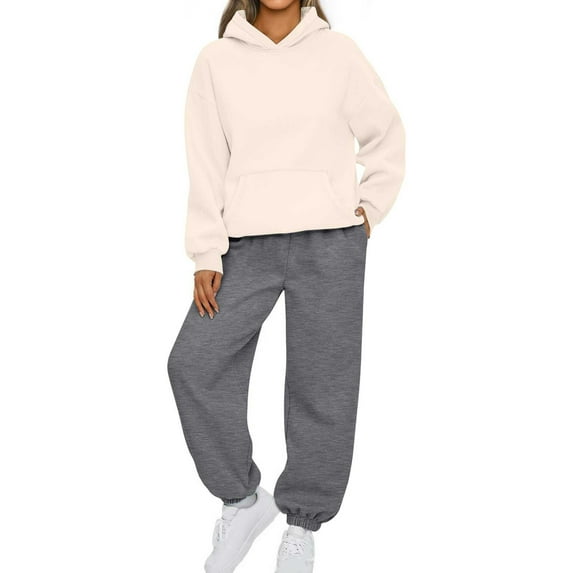 AOOCHASLIY Sweat Suits for Women Clothes Jogging Suits Solid Hooded Long Sleeved Sweater Casual 2 Piece Long Sleeved Round Neck Shirt Set