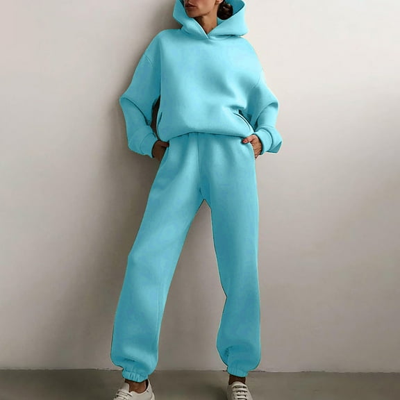 AOOCHASLIY Sweat Suits for Women Jogging Suits Solid Hooded Long Sleeved Sweater Casual 2 Piece Long Sleeved Round Neck Shirt Set