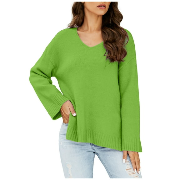 AOOCHASLIY Sweaters Fall Clothes Women Casual Fashion Solid Pullover Long Sleeve V-Neck Knit Tops Sweater