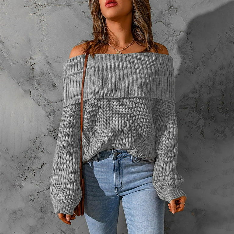 AOOCHASLIY Sweaters Fall Clearance Women Casual Soild Long Sleeve Knit Pullover Off Shoulder Sweater Walmart