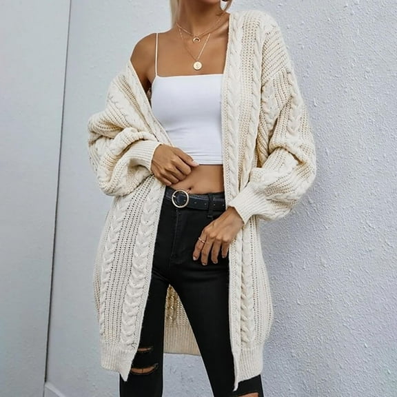 AOOCHASLIY Sweaters Fall Clothes Women Casual Solid Knitting Loose Cable Long Sleeve V-Neck Sweaters Tops