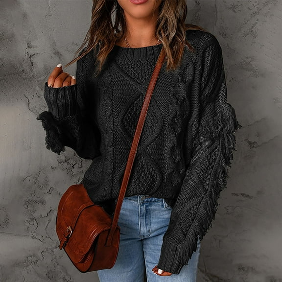 AOOCHASLIY Sweaters Fall Clearance Women Casual Solid Long Sleeve Thick Knit Pullover Crewneck Sweater