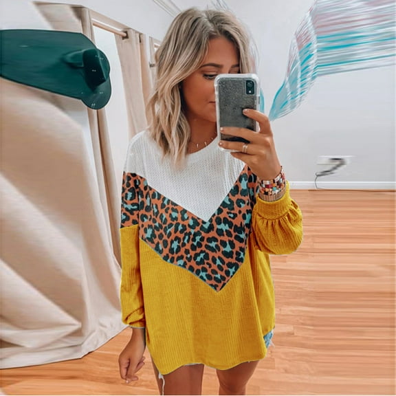 AOOCHASLIY Sweaters Fall Clothes Womens Fashion Leopard Print Comfortable Long Sleeves Sweater Tops