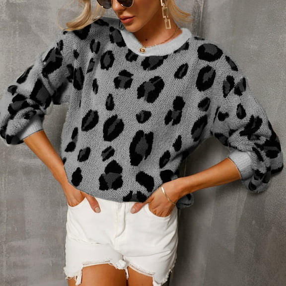AOOCHASLIY Sweaters Fall Clothes Womens Long Sleeved V-Neck Leopard Print Casual Fashion Pullover Sweater