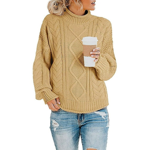 AOOCHASLIY Sweaters Fall Clothes Women Casual Soild Long Sleeve Thick Knit Pullover Turtleneck Sweater