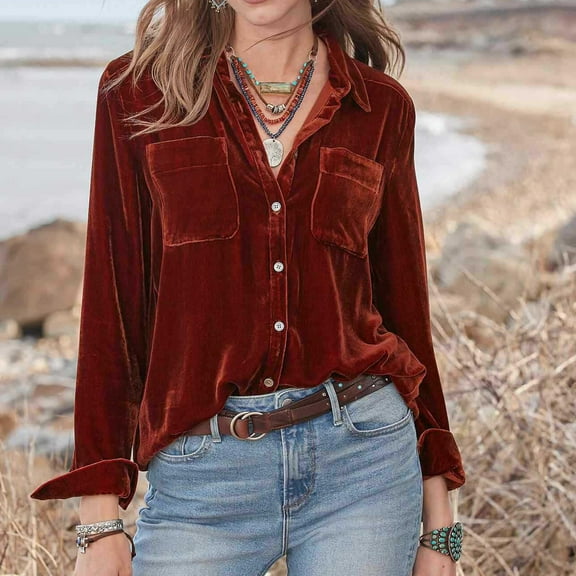 AOOCHASLIY Tops Women's Solid Color Top Retro Gold Velvet Long Sleeve Top Long Sleeve V-neck Top/shirt