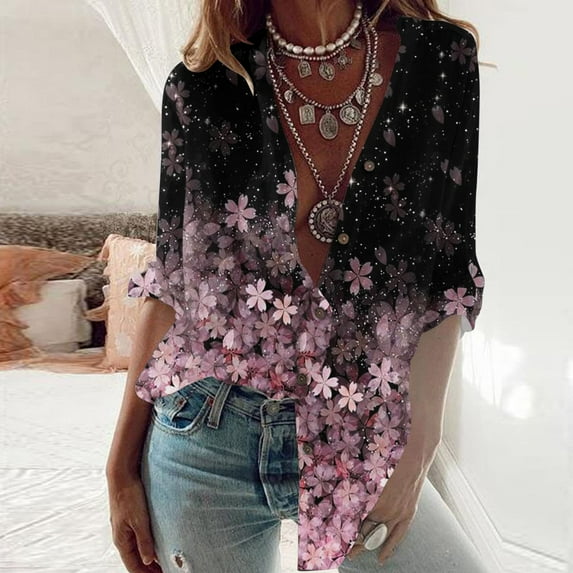 AOOCHASLIY Tops Valentine's Day Women's Casual Blouse Round-Neck Long Sleeve Print Loose Shirt Tops Buttons Cardigan