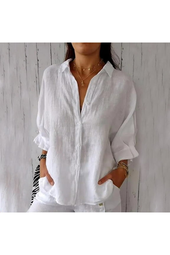 Travel T Shirt Women's Solid Colour Casual Cotton Linen Breathable Fashion Shirt Long Sleeve Lapel Top