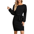 thumbnail image 1 of AOOCHASLIY Trendy Women Casual Solid Dress O-Neck Long Sleeve Bandage Mini Dress, 1 of 5