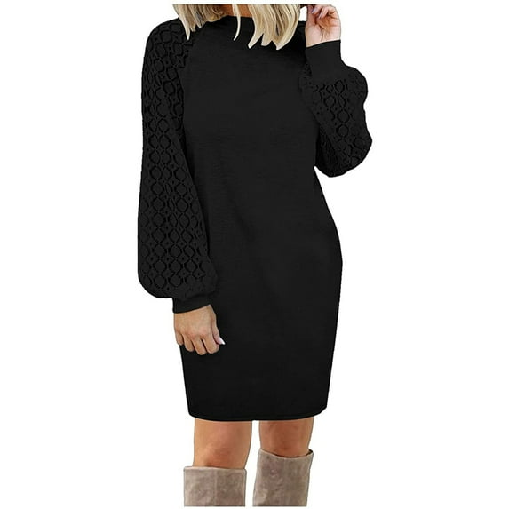 AOOCHASLIY Trendy Women Pullover Long Sleeve Autumn Solid Casual 0-Neck Sweatshirt Dress