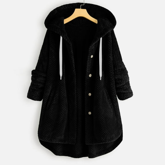 AOOCHASLIY Valentine's Day Women Coat Women Casual Button Jacket Pockets Long Sleeve Hooded Winter Plain Casual Tops Coat