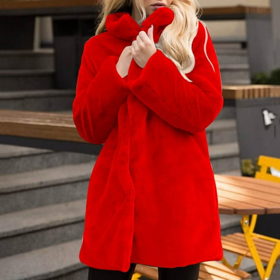 AOOCHASLIY Valentine's Day Women Coat Women Winter Solid Faux Coat Warm Casual Long Jacket Long Sleeve Outerwear