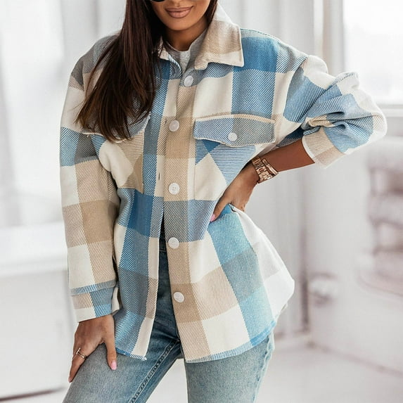 AOOCHASLIY Valentine's Day Women Coat Women's Winter Fashion Colorful Plaid Shirt Brushed Fleece Loose Casual Windproof Plaid Coat