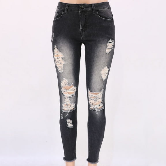 AOOCHASLIY Valentine's Day Women Pants Women Casual Jeans with Nine Split Holes Pockets Trousers