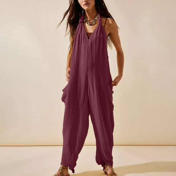 AOOCHASLIY Valentine's Day Women Pants Women's Casual Loose Pocket Strap Cotton and Linen Jumpsuit Fashion Playsuit Trousers Overalls Sling Jumpsuit