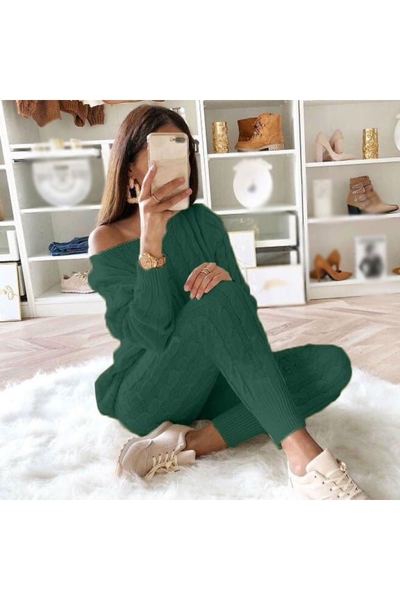 Valentine's Day Women Pants Womens Solid Color Off Shoulder Long Sleeve Cable Knitted Warm Two-Piece Long Pants Sweater Suit Set