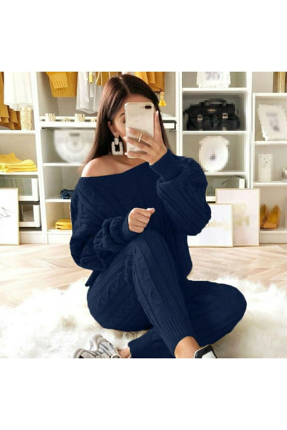 Valentine's Day Women Pants Womens Solid Color Off Shoulder Long Sleeve Cable Knitted Warm Two-Piece Long Pants Sweater Suit Set