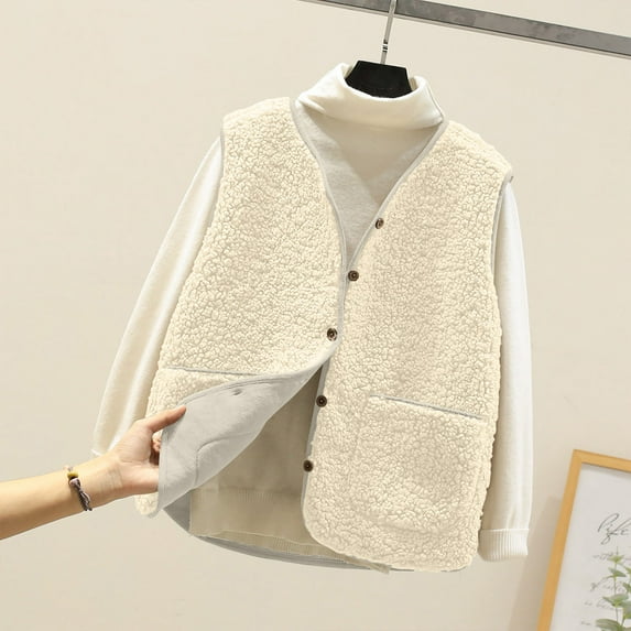 AOOCHASLIY Valentine's Day Women Vest Women Pocket Coat Short Jacket Winter Sleeveless Fleece Button Solid Outerwear