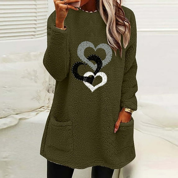 AOOCHASLIY Valentine's Women Gift Blouse Women's Round- Neck and Winter Loose Print Pocket Warm Long Sleeve Blouse Tops